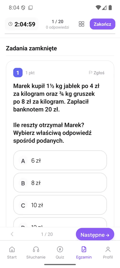 Arkusz egzaminacyjny w aplikacji z zegarem i licznikiem zadań