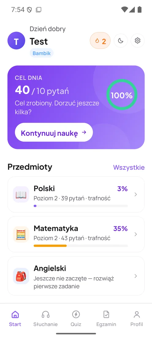 Pulpit aplikacji z celem dnia i postępem w trzech przedmiotach