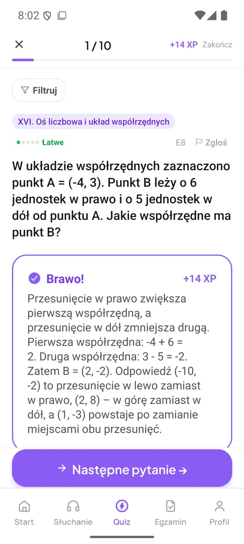 Ekran quizu po odpowiedzi: informacja o poprawności i wyjaśnienie