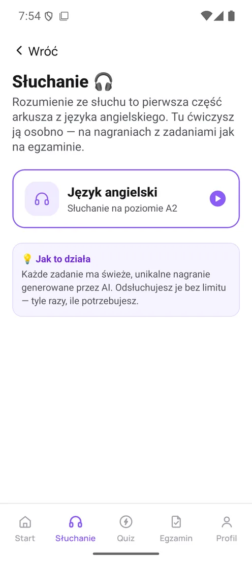 Ekran słuchania z nagraniami do języka angielskiego