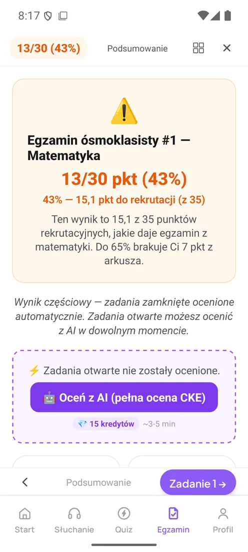 Wynik arkusza w aplikacji: punkty, procent i punkty do rekrutacji